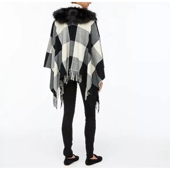 NWT J. Crew Fringe Poncho Cape Faux Fur Collar Plaid One size - Picture 2 of 9